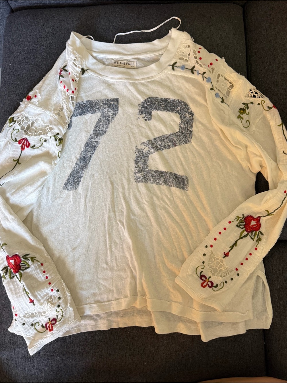We The Free Cream Long Sleeve '72' Embroidered Lace Sleeve Top